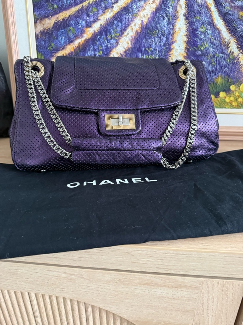 CHANEL Purple Quilted Shoulder Bag with Silver Chain